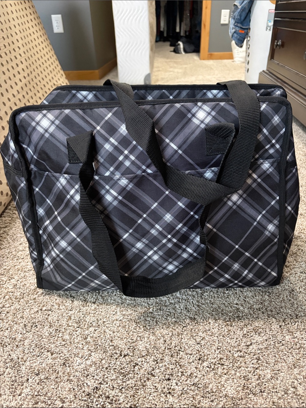 thirty-one Black and Gray Plaid Duffel Tote
